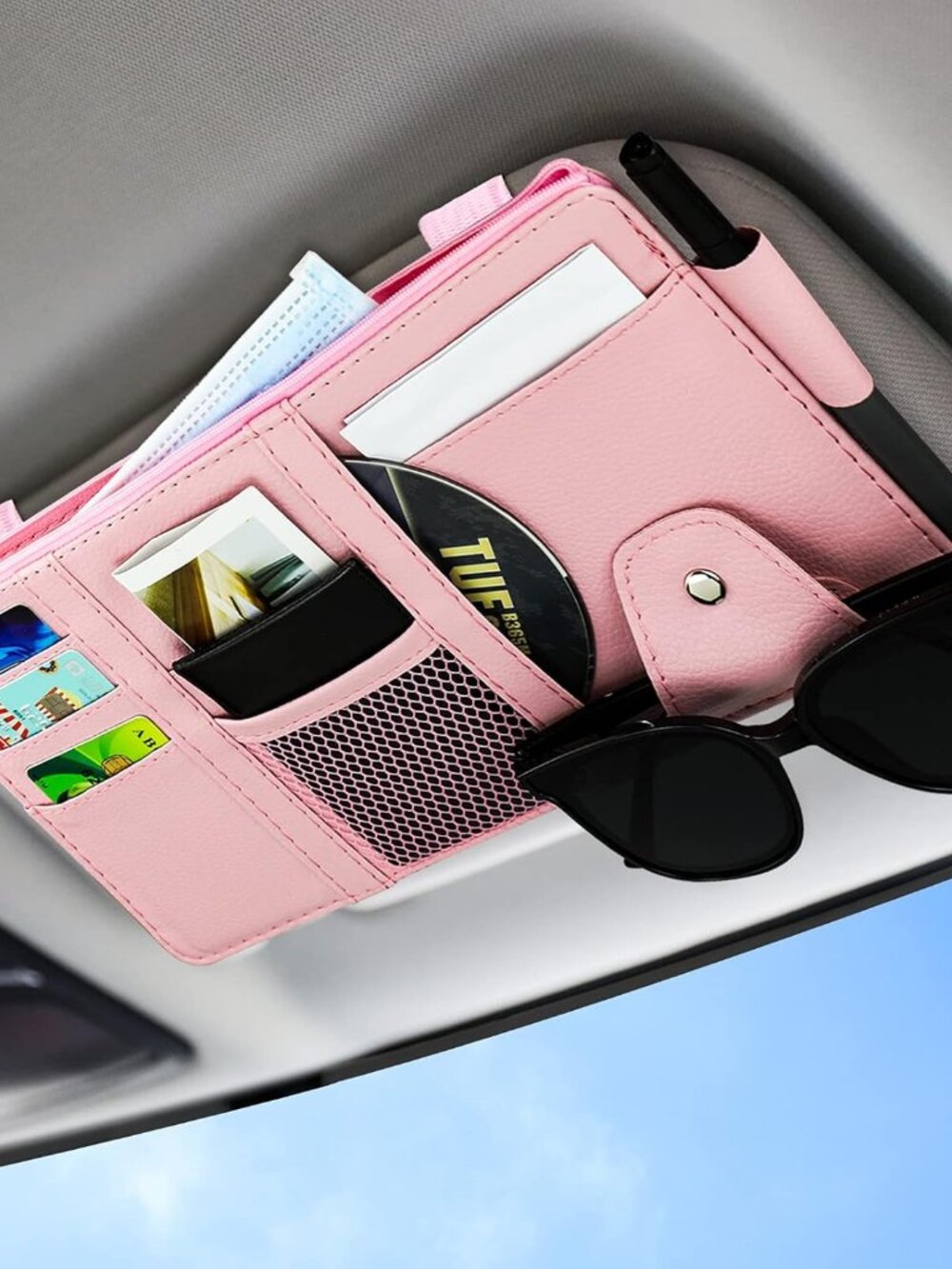 Car Sun Visor Organizer, Leather Pocket Organizer Sunglass Holder for Car Interi
